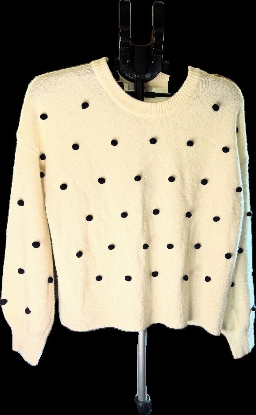 Madewell Ivory/Black Polka Dot Pom Pom Crewneck Knit Wool Sweater Size S